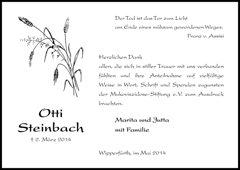  Traueranzeige für Otti Steinbach vom 03.05.2014 aus Kölner Stadt-Anzeiger / Kölnische Rundschau / Express