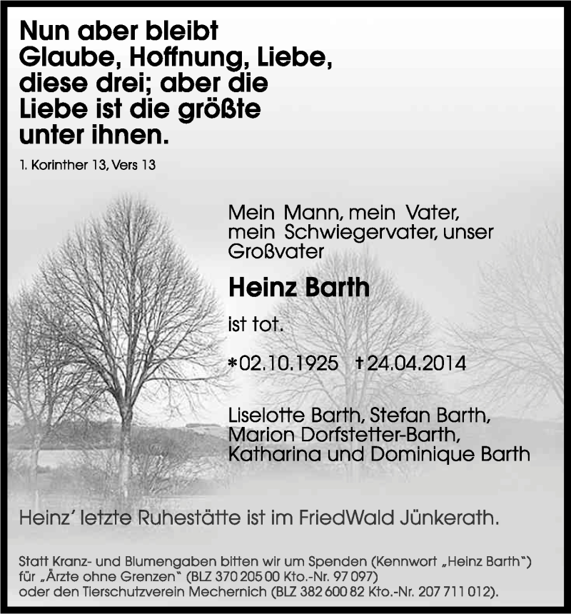  Traueranzeige für Heinz Barth vom 05.05.2014 aus Kölner Stadt-Anzeiger / Kölnische Rundschau / Express