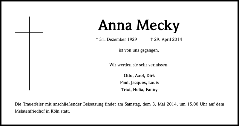  Traueranzeige für Anna Mecky vom 03.05.2014 aus Kölner Stadt-Anzeiger / Kölnische Rundschau / Express