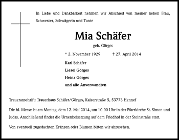 Anzeige von Mia Schäfer von Kölner Stadt-Anzeiger / Kölnische Rundschau / Express