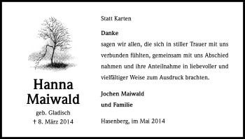Anzeige von Hanna Maiwald von Kölner Stadt-Anzeiger / Kölnische Rundschau / Express