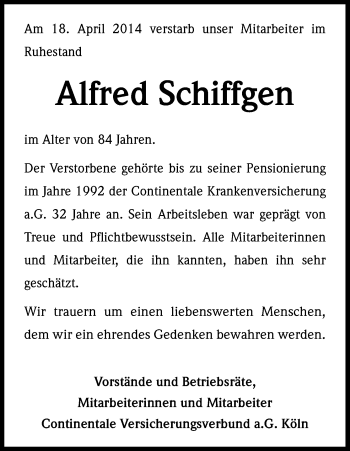 Anzeige von Alfred Schiffgen von Kölner Stadt-Anzeiger / Kölnische Rundschau / Express