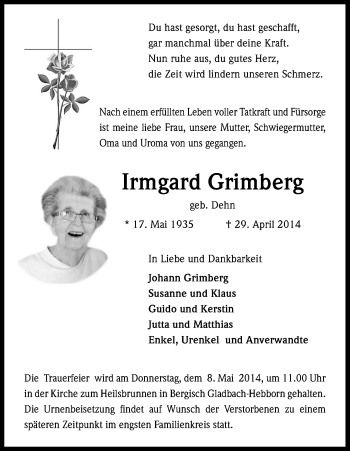 Anzeige von Irmgard Grimberg von Kölner Stadt-Anzeiger / Kölnische Rundschau / Express