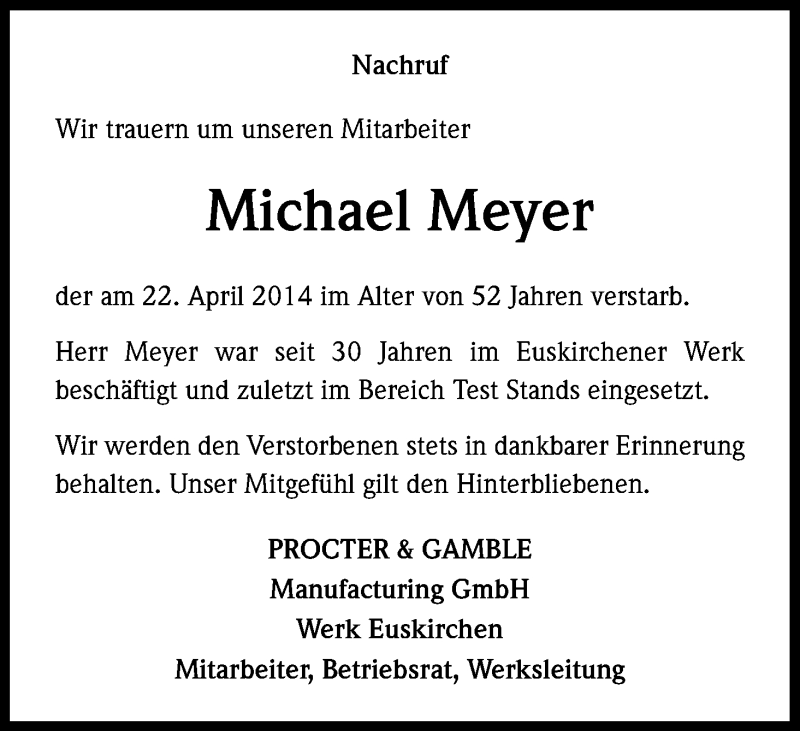  Traueranzeige für Michael Meyer vom 03.05.2014 aus Kölner Stadt-Anzeiger / Kölnische Rundschau / Express
