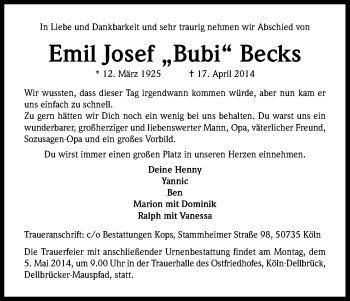 Anzeige von Emil Josef Becks von Kölner Stadt-Anzeiger / Kölnische Rundschau / Express