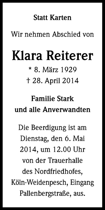 Anzeige von Klara Reiterer von Kölner Stadt-Anzeiger / Kölnische Rundschau / Express