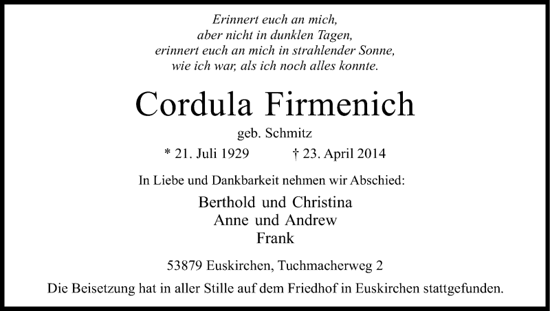  Traueranzeige für Cordula Firmenich vom 07.05.2014 aus Kölner Stadt-Anzeiger / Kölnische Rundschau / Express