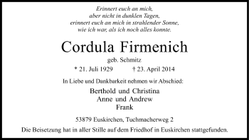 Anzeige von Cordula Firmenich von Kölner Stadt-Anzeiger / Kölnische Rundschau / Express