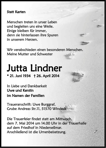 Anzeige von Jutta Lindner von Kölner Stadt-Anzeiger / Kölnische Rundschau / Express