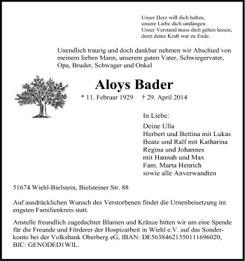 Anzeige von Aloys Bader von Kölner Stadt-Anzeiger / Kölnische Rundschau / Express