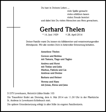 Anzeige von Gerhard Thelen von Kölner Stadt-Anzeiger / Kölnische Rundschau / Express