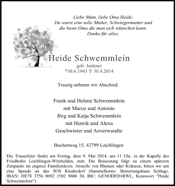Anzeige von Heide Schwemmlein von Kölner Stadt-Anzeiger / Kölnische Rundschau / Express