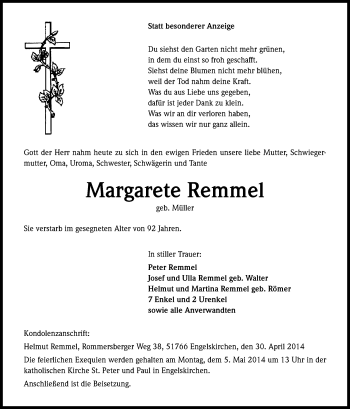 Anzeige von Margarete Remmel von Kölner Stadt-Anzeiger / Kölnische Rundschau / Express