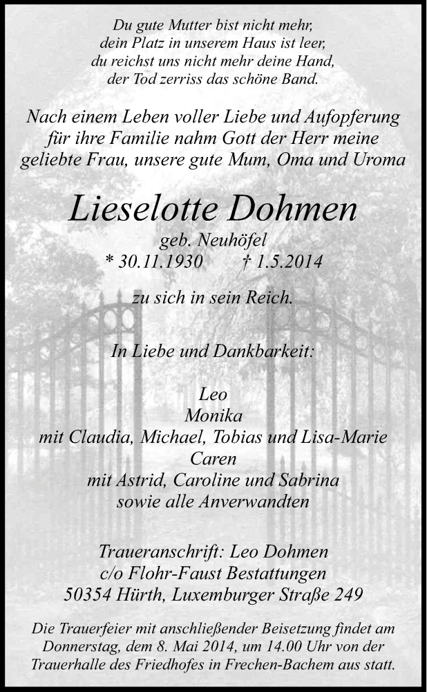  Traueranzeige für Lieselotte Dohmen vom 03.05.2014 aus Kölner Stadt-Anzeiger / Kölnische Rundschau / Express