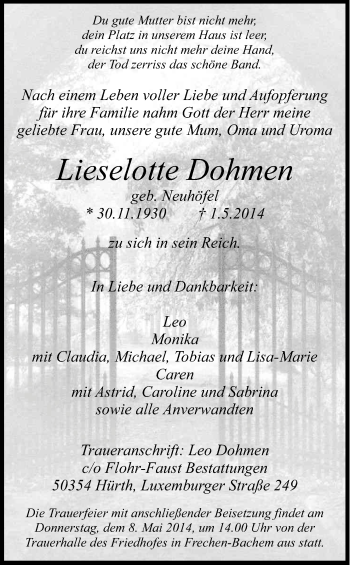 Anzeige von Lieselotte Dohmen von Kölner Stadt-Anzeiger / Kölnische Rundschau / Express