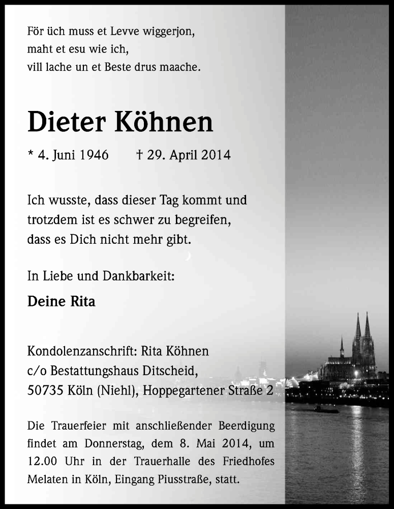  Traueranzeige für Dieter Köhnen vom 03.05.2014 aus Kölner Stadt-Anzeiger / Kölnische Rundschau / Express