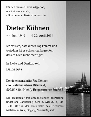Anzeige von Dieter Köhnen von Kölner Stadt-Anzeiger / Kölnische Rundschau / Express