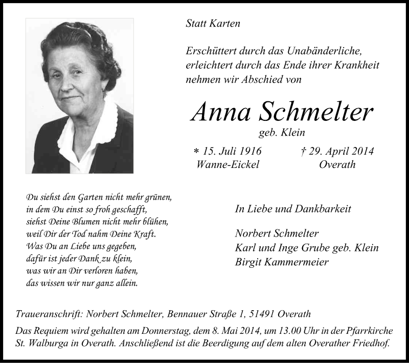 Traueranzeige für Schmelter Anna vom 03.05.2014 aus Kölner Stadt-Anzeiger / Kölnische Rundschau / Express