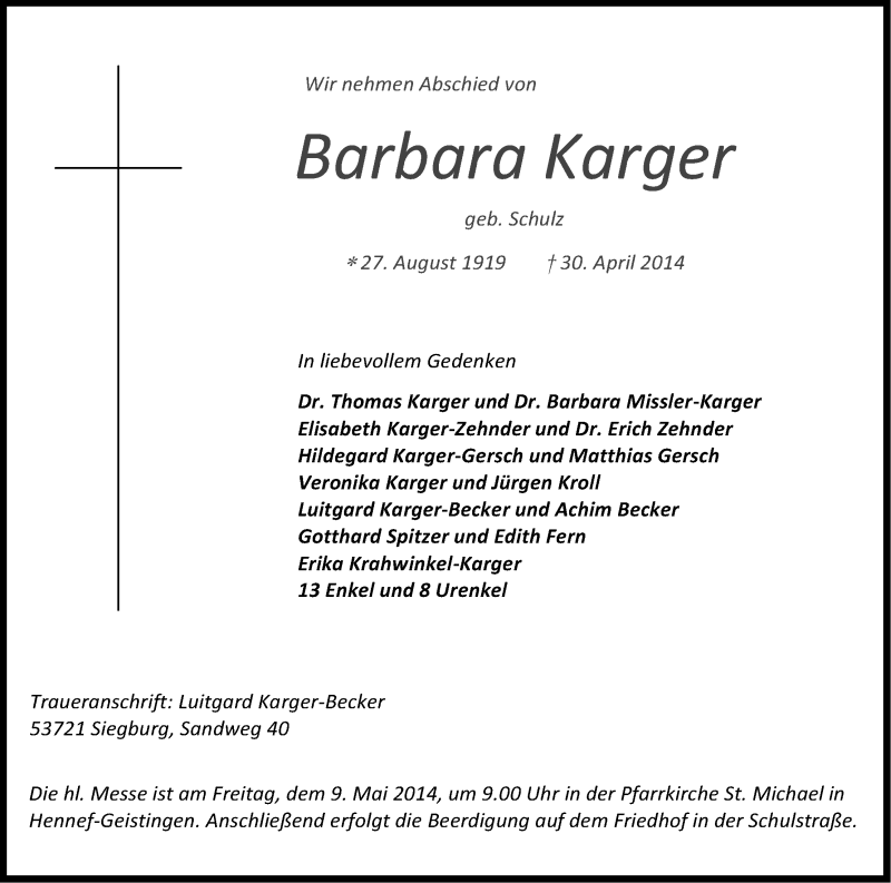  Traueranzeige für Barbara Karger vom 03.05.2014 aus Kölner Stadt-Anzeiger / Kölnische Rundschau / Express