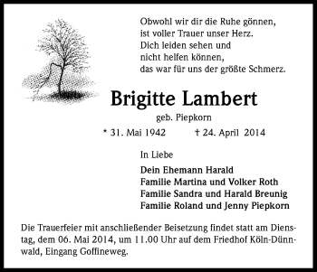 Anzeige von Brigitte Lambert von Kölner Stadt-Anzeiger / Kölnische Rundschau / Express