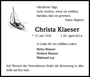 Anzeige von Christa Klaeser von Kölner Stadt-Anzeiger / Kölnische Rundschau / Express