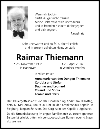 Anzeige von Raimar Thiemann von Kölner Stadt-Anzeiger / Kölnische Rundschau / Express