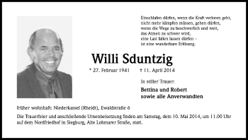 Anzeige von Willi Sduntzig von Kölner Stadt-Anzeiger / Kölnische Rundschau / Express