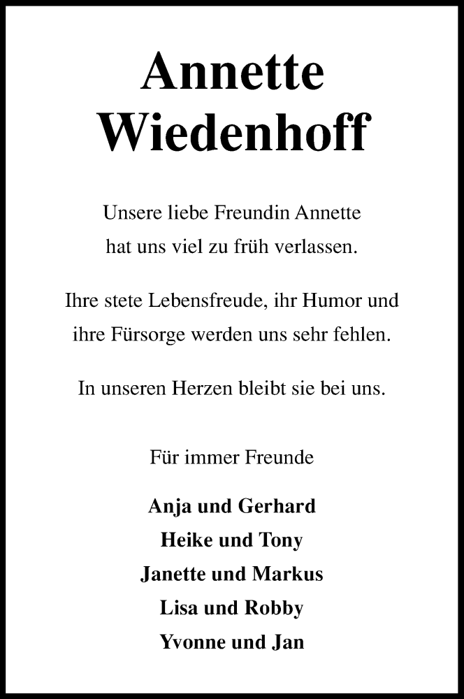 Traueranzeige für Annette Wiedenhoff vom 03.05.2014 aus Kölner Stadt-Anzeiger / Kölnische Rundschau / Express