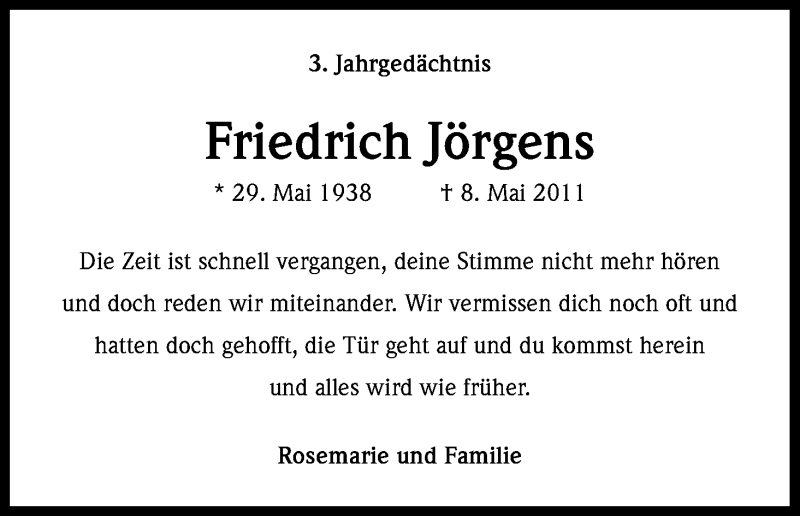  Traueranzeige für Friedrich Jörgens vom 08.05.2014 aus Kölner Stadt-Anzeiger / Kölnische Rundschau / Express