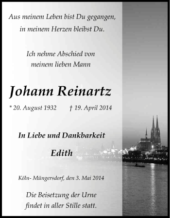 Anzeige von Johann Reinartz von Kölner Stadt-Anzeiger / Kölnische Rundschau / Express