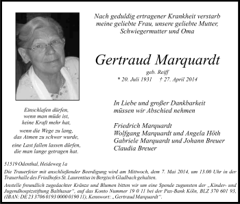 Anzeige von Gertraud Marquardt von Kölner Stadt-Anzeiger / Kölnische Rundschau / Express