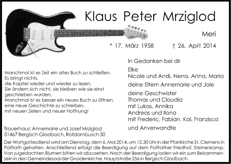  Traueranzeige für Klaus Peter Mrziglod vom 03.05.2014 aus Kölner Stadt-Anzeiger / Kölnische Rundschau / Express
