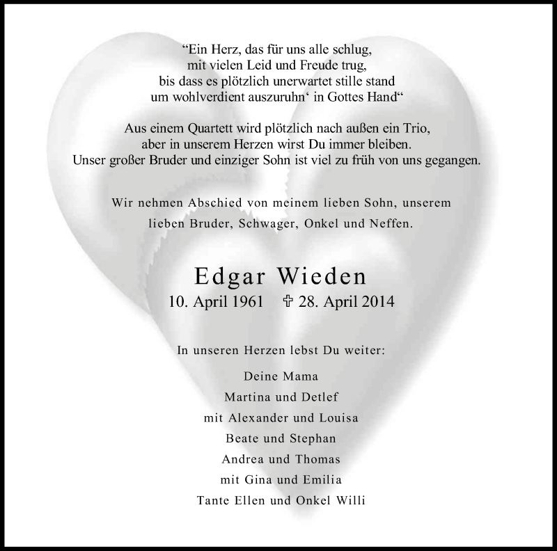  Traueranzeige für Edgar Wieden vom 03.05.2014 aus Kölner Stadt-Anzeiger / Kölnische Rundschau / Express
