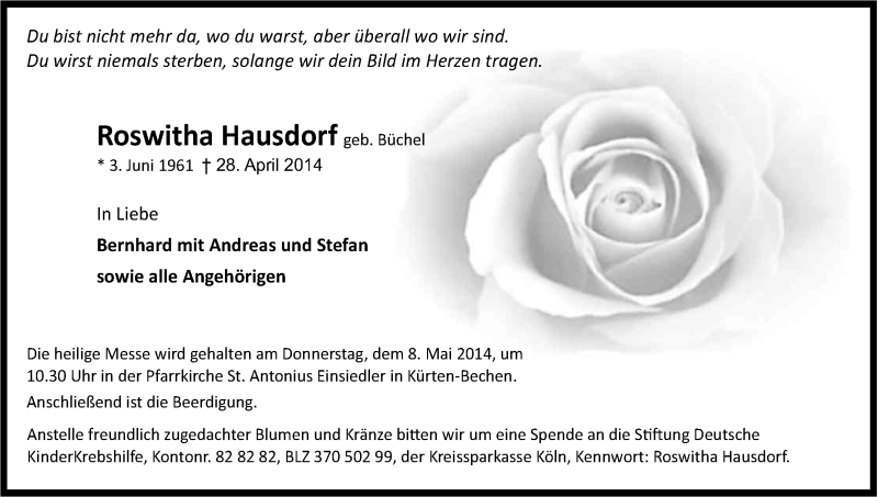  Traueranzeige für Roswitha Hausdorf vom 03.05.2014 aus Kölner Stadt-Anzeiger / Kölnische Rundschau / Express