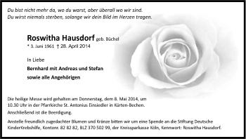 Anzeige von Roswitha Hausdorf von Kölner Stadt-Anzeiger / Kölnische Rundschau / Express
