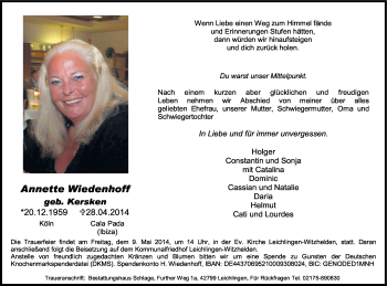 Anzeige von Annette Wiedenhoff von Kölner Stadt-Anzeiger / Kölnische Rundschau / Express