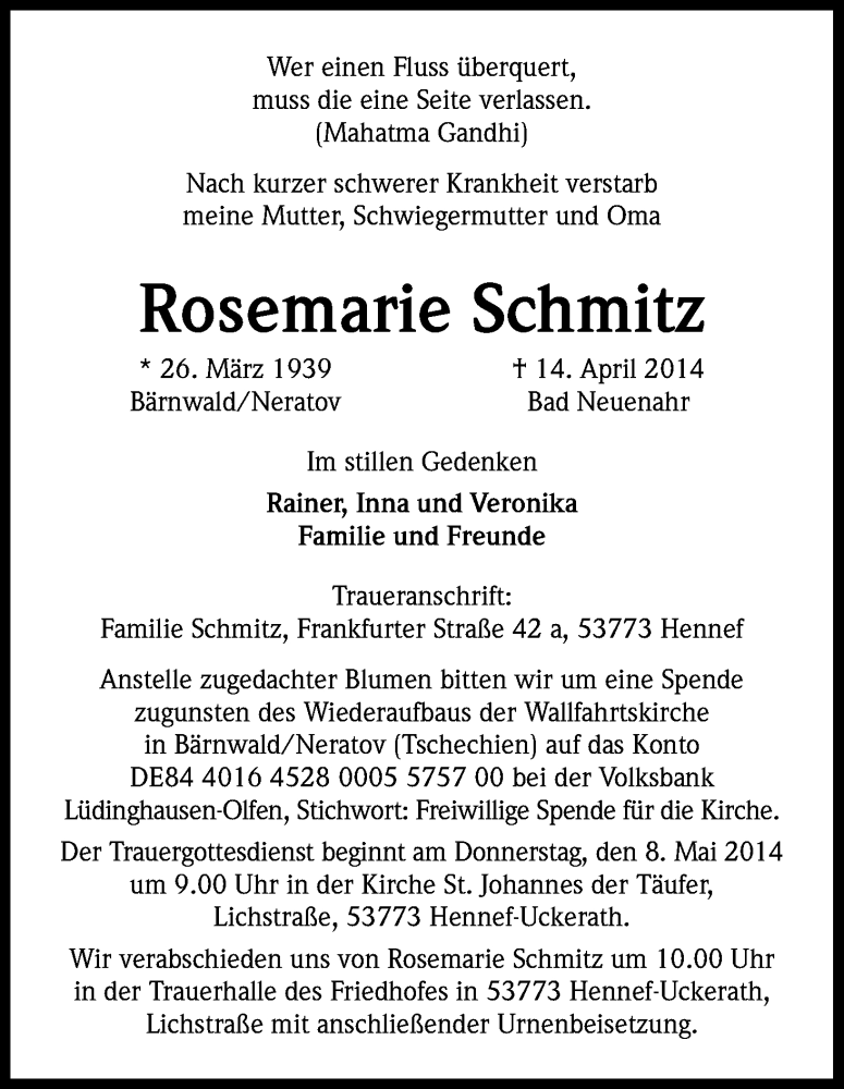  Traueranzeige für Rosemarie Schmitz vom 03.05.2014 aus Kölner Stadt-Anzeiger / Kölnische Rundschau / Express