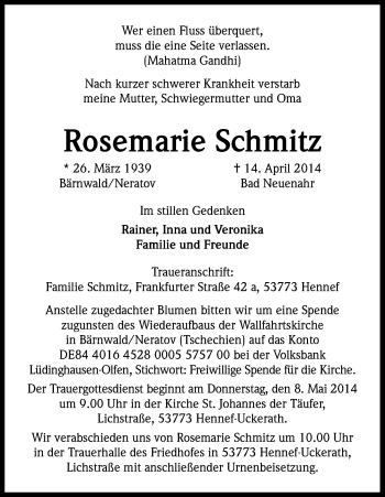 Anzeige von Rosemarie Schmitz von Kölner Stadt-Anzeiger / Kölnische Rundschau / Express