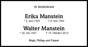 Anzeige von Erika und Walter Manstein von Kölner Stadt-Anzeiger / Kölnische Rundschau / Express