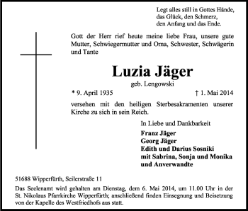 Anzeige von Luzia Jäger von Kölner Stadt-Anzeiger / Kölnische Rundschau / Express