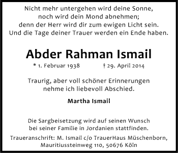 Anzeige von Abder Rahman Ismail von Kölner Stadt-Anzeiger / Kölnische Rundschau / Express