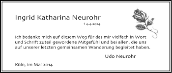 Anzeige von Ingrid Katharina Neurohr von Kölner Stadt-Anzeiger / Kölnische Rundschau / Express