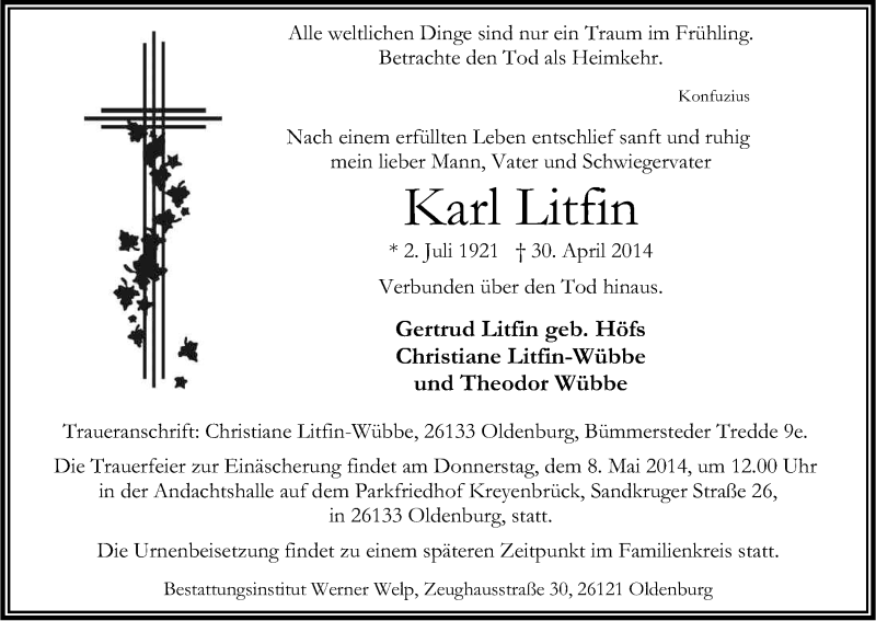  Traueranzeige für Karl Litfin vom 05.05.2014 aus Kölner Stadt-Anzeiger / Kölnische Rundschau / Express
