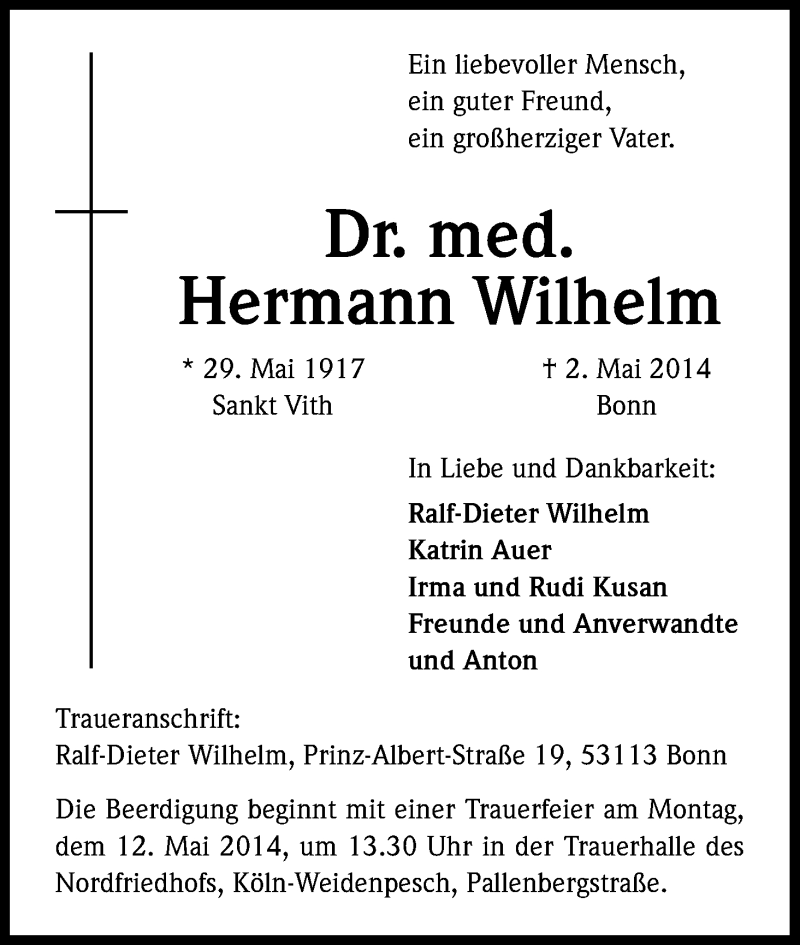  Traueranzeige für Hermann Wilhelm vom 05.05.2014 aus Kölner Stadt-Anzeiger / Kölnische Rundschau / Express