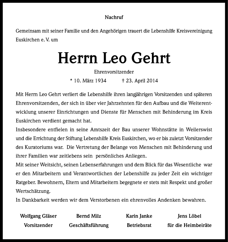  Traueranzeige für Leo Gehrt vom 06.05.2014 aus Kölner Stadt-Anzeiger / Kölnische Rundschau / Express