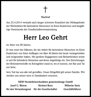 Anzeige von Leo Gehrt von Kölner Stadt-Anzeiger / Kölnische Rundschau / Express