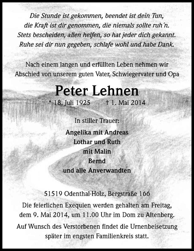  Traueranzeige für Peter Lehnen vom 06.05.2014 aus Kölner Stadt-Anzeiger / Kölnische Rundschau / Express