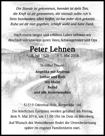Anzeige von Peter Lehnen von Kölner Stadt-Anzeiger / Kölnische Rundschau / Express