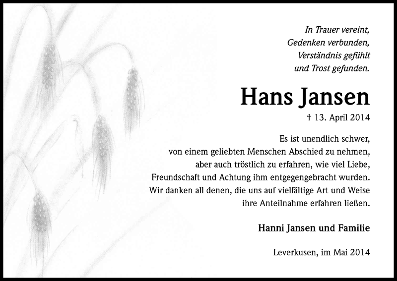  Traueranzeige für Hans Jansen vom 17.05.2014 aus Kölner Stadt-Anzeiger / Kölnische Rundschau / Express