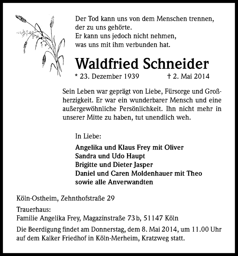  Traueranzeige für Waldfried Schneider vom 06.05.2014 aus Kölner Stadt-Anzeiger / Kölnische Rundschau / Express